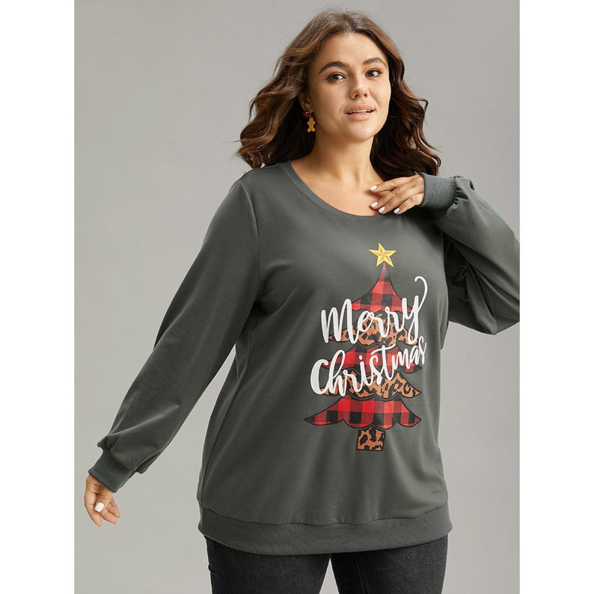 Plus Size Christmas Trees Round Neck Rib Knit Sweatshirt Women Gray Casual Rib Knit Festival-Christmas Sweatshirts BloomChic 28/5X Product Image