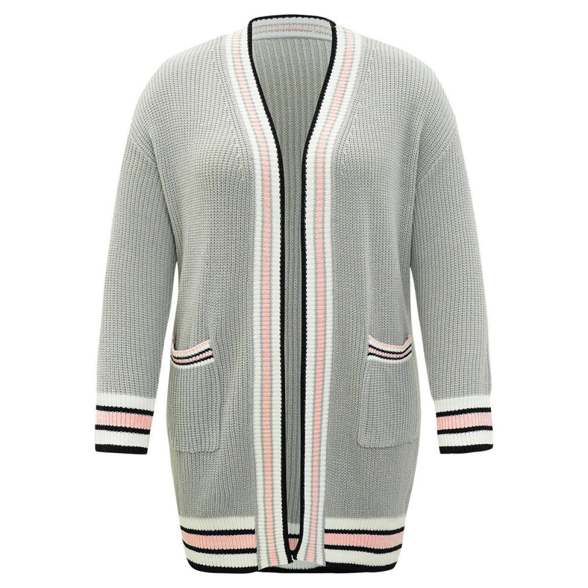 Plus Size Striped Contrast Drop Shoulder Elastic Cuffs Cardigan LightGray Women Casual Loose Long Sleeve Dailywear Cardigans BloomChic 26/4X Product Image