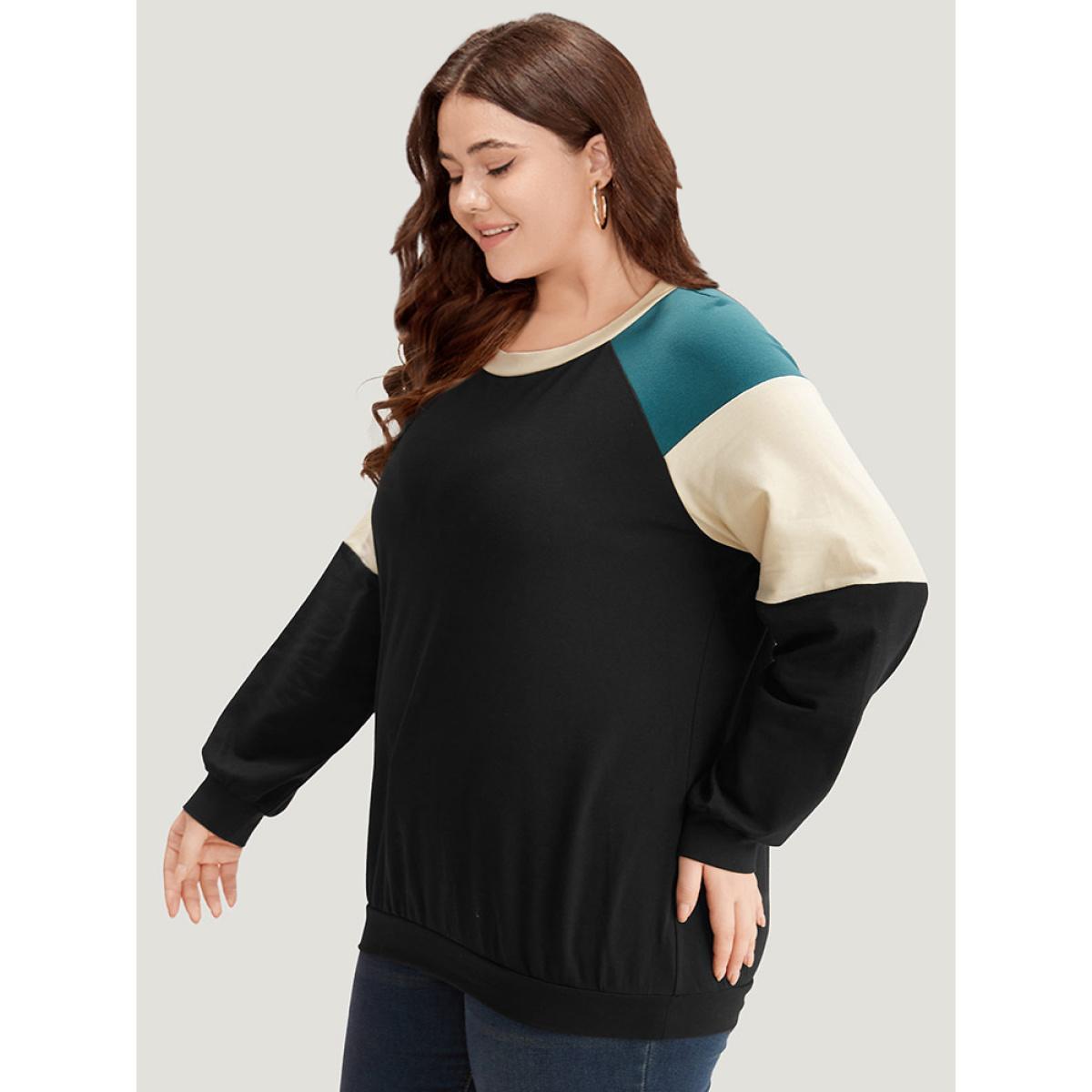 Plus Size Colorblock Contrast Raglan Sleeve Sweatshirt Women Black Casual Elastic cuffs Round Neck Dailywear Sweatshirts BloomChic 10/M Product Image