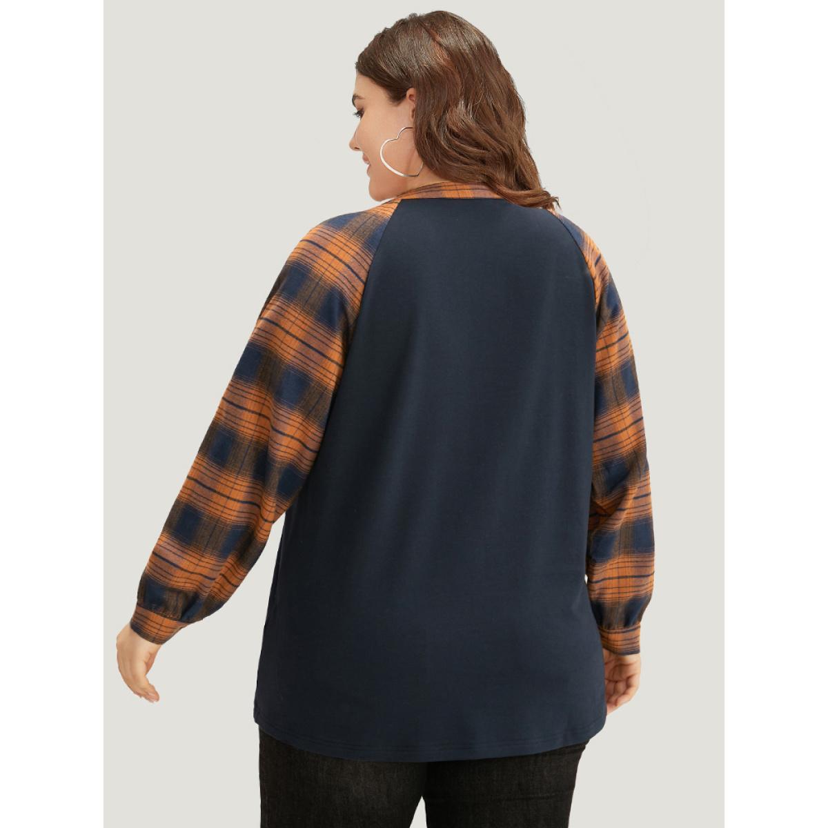 Plus Size Plaid Patchwork Notched Button Detail Sweatshirt Women Chocolate Casual Patchwork Notched collar Everyday Sweatshirts BloomChic 10/M Product Image