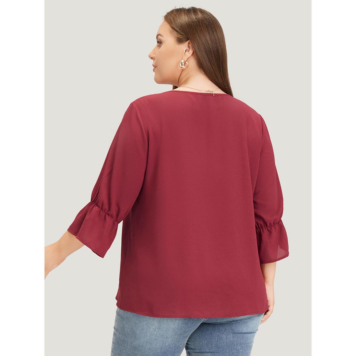 Plus Size Burgundy Plain Embroidered Lace Up Bell Sleeve Blouse Women Vacation Elbow-length sleeve V-neck Dailywear Blouses BloomChic 22-24/3X Product Image