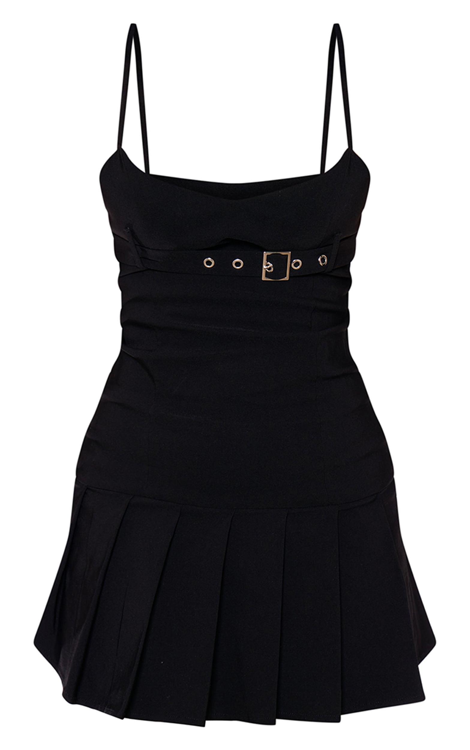 Black Stretch Woven Buckle Pleated Shift Dress Product Image