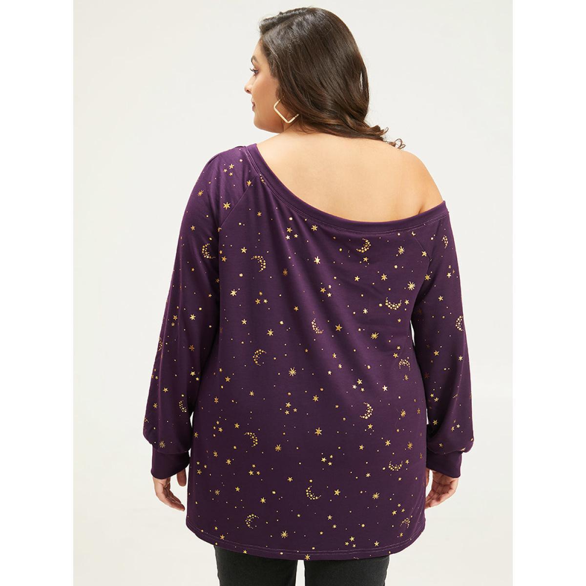 Plus Size Moon & Star Glitter One Shoulder Sweatshirt Women Eggplant Casual Elastic cuffs One Shoulder Dailywear Sweatshirts BloomChic 26/4X Product Image
