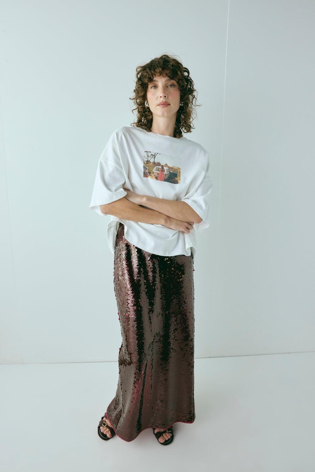 Devyn Sequin Midi Skirt Wine Product Image