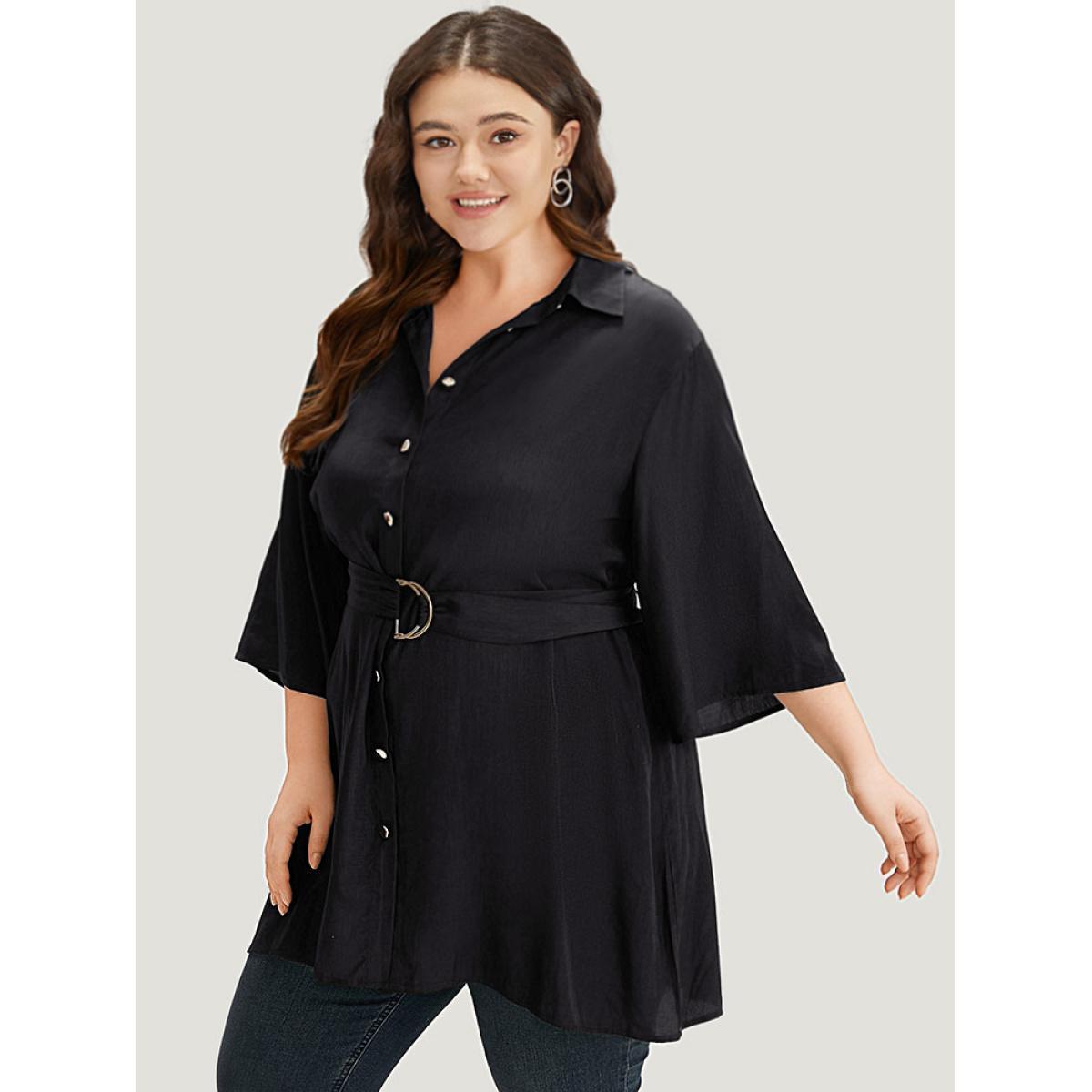 Plus Size Halloween Plain Button Up Shirt Collar Buckle Detail Coat Women Black Plain Belt Dailywear Jackets BloomChic 30/6X Product Image