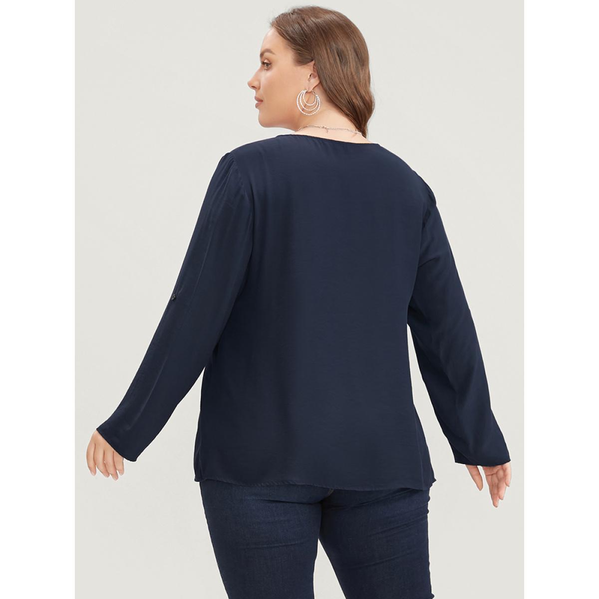 Plus Size Midnight Plain V Neck Button Detail Cuffed Sleeve Blouse Women Office Elbow-length sleeve V-neck Work Blouses BloomChic 18-20/2X Product Image