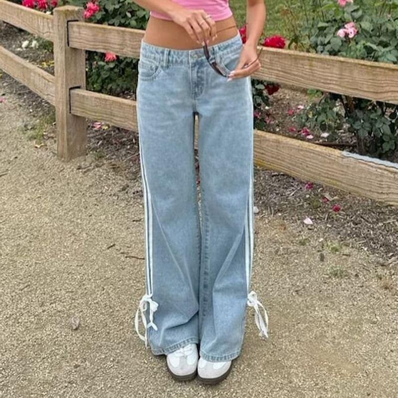 High Waist Washed Striped Bow Accent Straight-Fit Wide-Leg Jeans Product Image