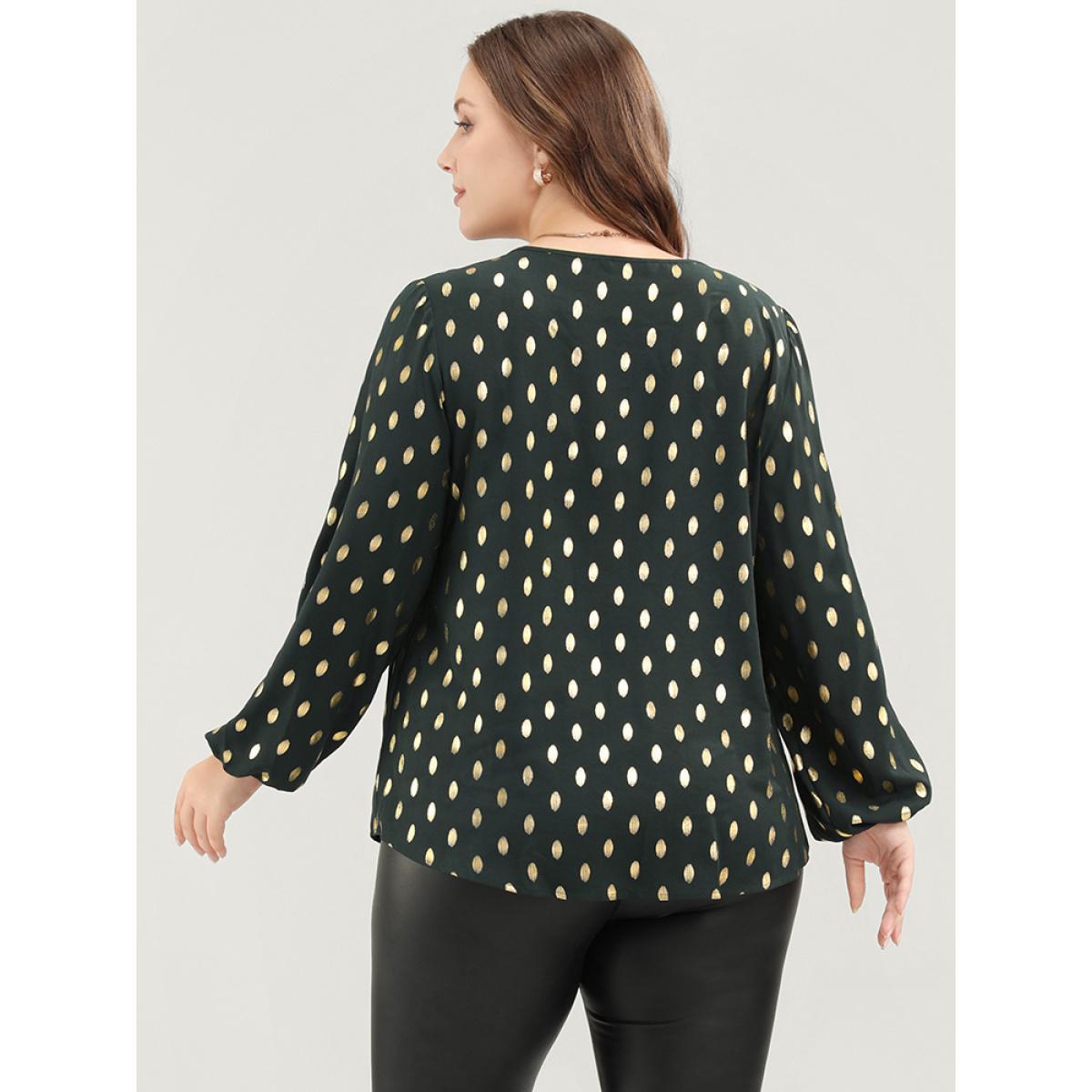 Plus Size DarkGreen Polka Dot Round Neck Lantern Sleeve Blouse Women Party Long Sleeve Round Neck Going out Blouses BloomChic 10/M Product Image