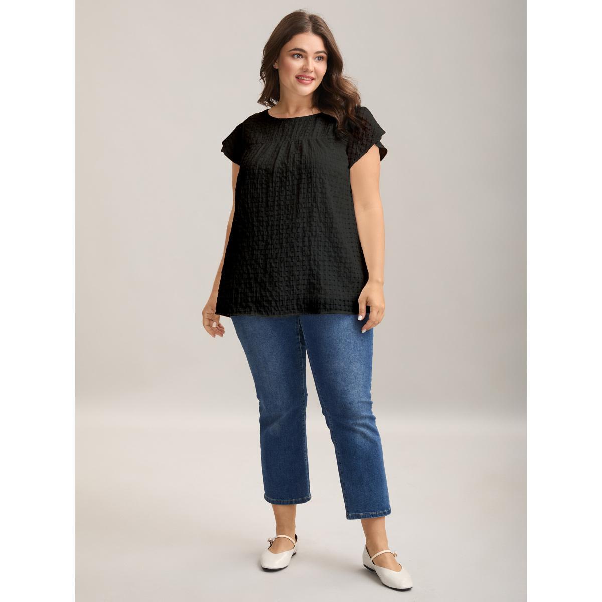 Plus Size Black Textured Sheer Lined Flutter Sleeve Blouse Women Cap Sleeve Round Neck Everyday-Casual Blouses BloomChic 30/6X Product Image