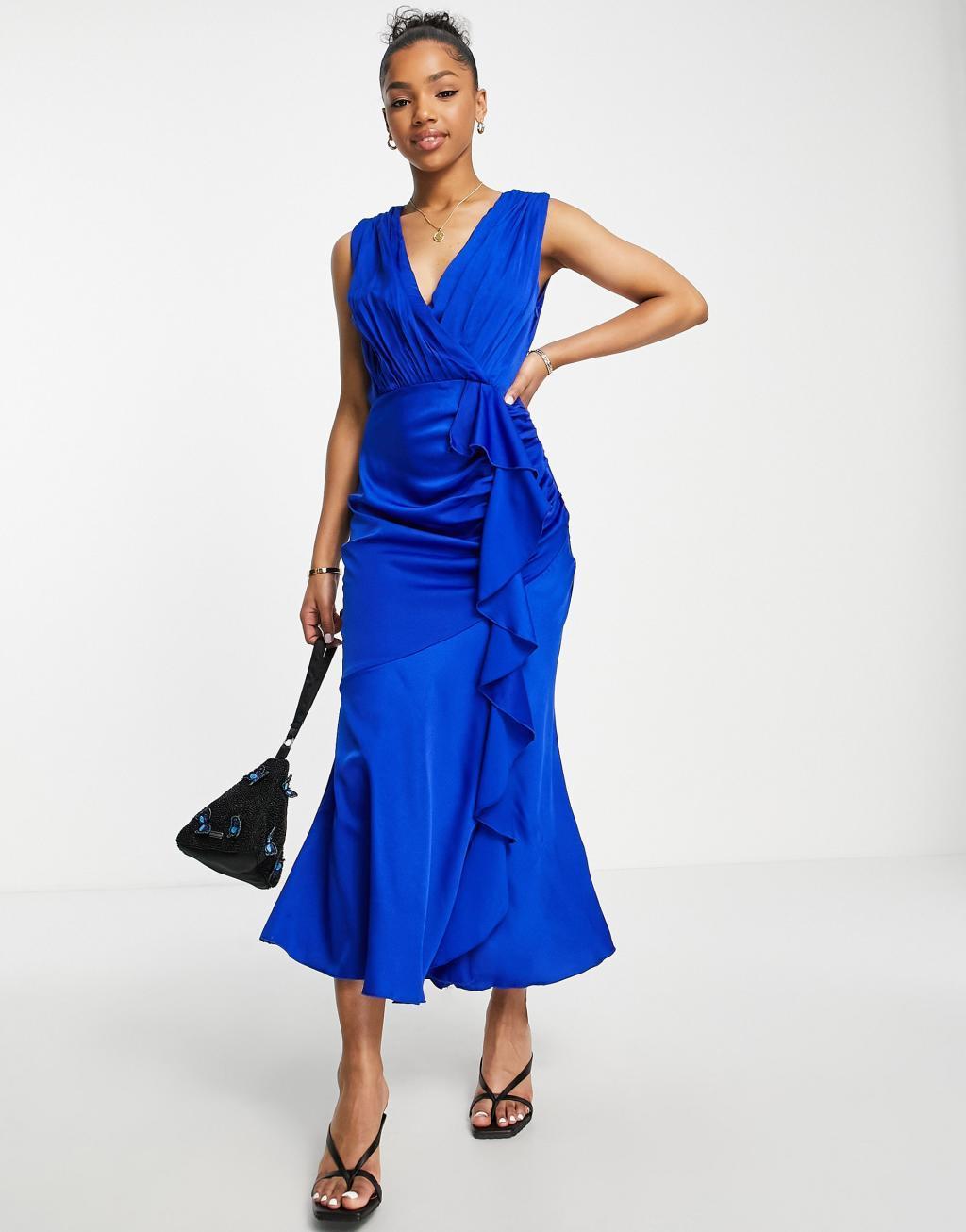 Little Mistress plunge front satin midi dress Product Image