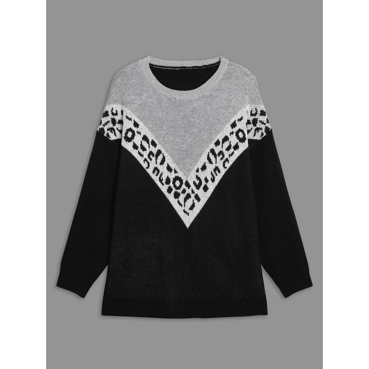 Plus Size Leopard Print Contrast Patchwork Pullover Black Women Casual Loose Long Sleeve Round Neck Everyday Pullovers BloomChic 28/5X Product Image