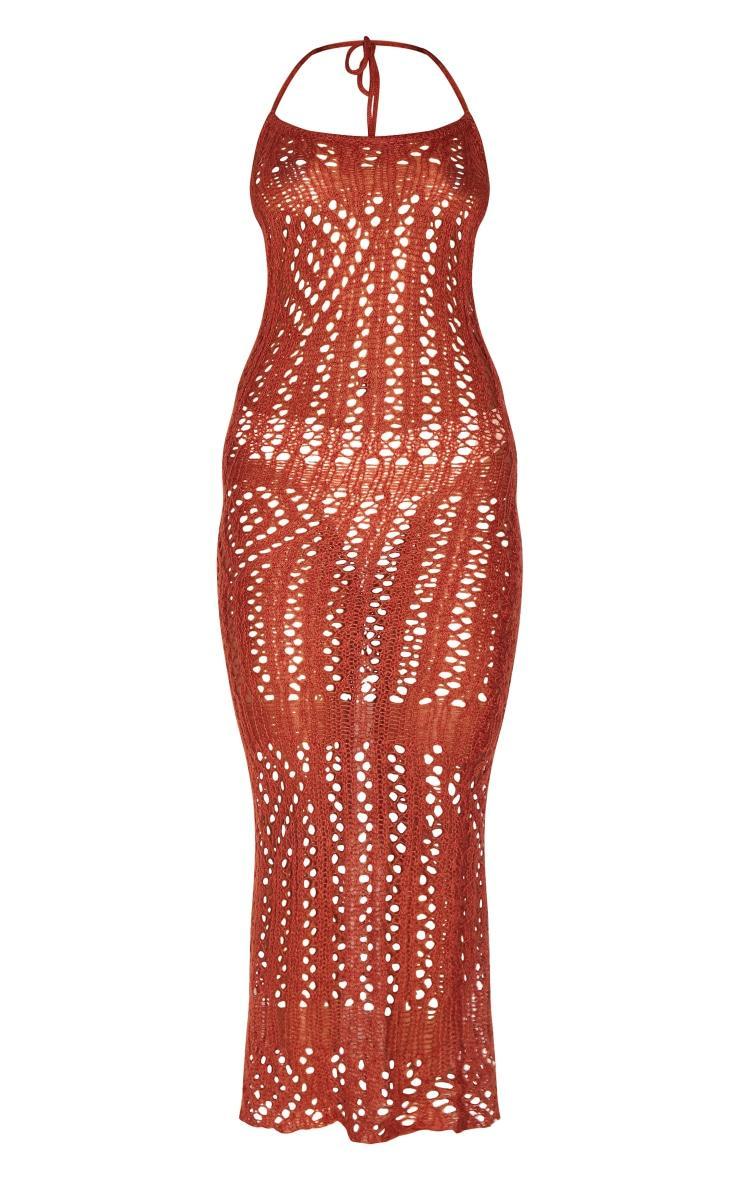 Rust Distressed Open Knit Maxi Dress Product Image
