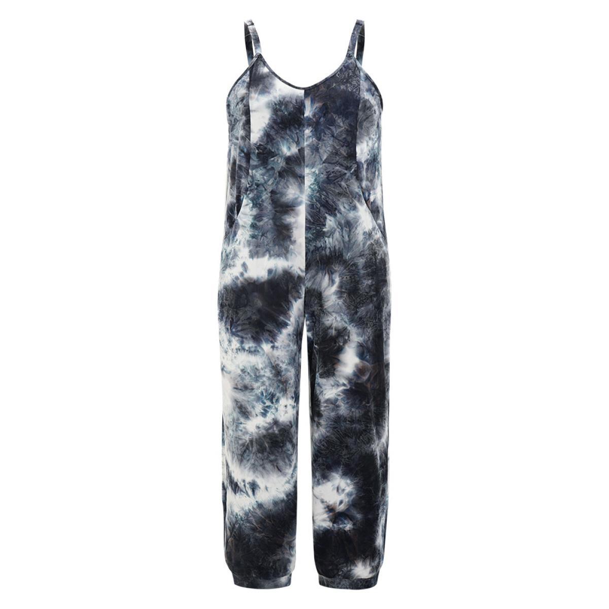 Plus Size Black Tie Dye Pocket Patchwork Cami Jumpsuit Women Casual Sleeveless Spaghetti Strap Dailywear Loose Jumpsuits BloomChic 12/L Product Image