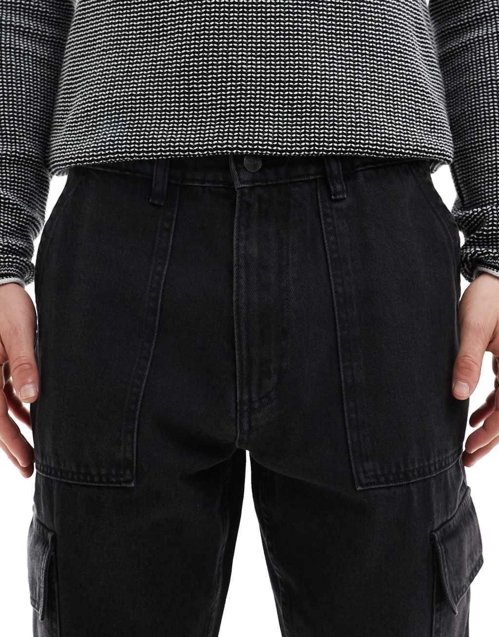 Pull&Bear straight fit contrast stitch cargo jeans in black Product Image