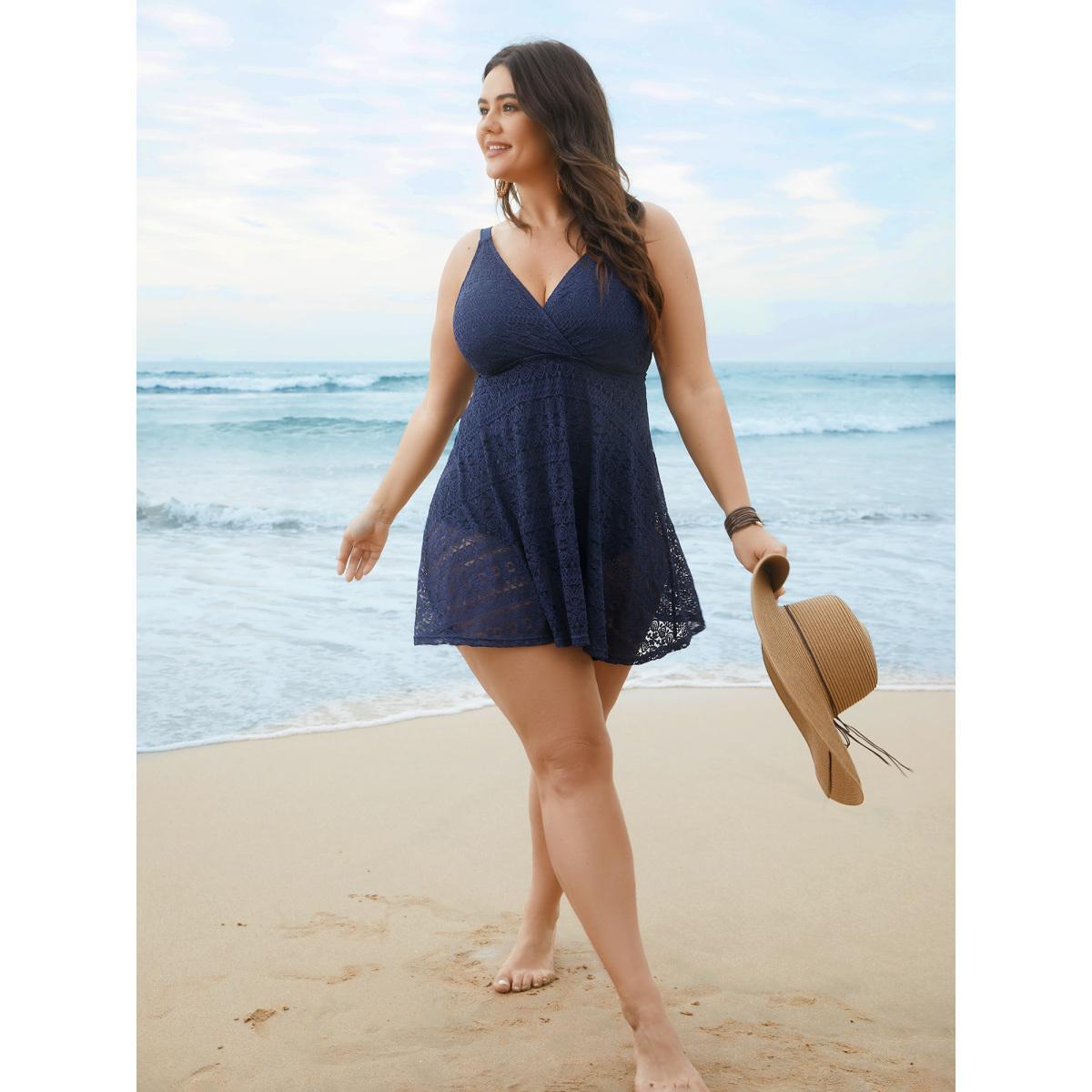 Plus Size Lace Wrap-Neck Adjustable Straps Swim Dress Women's Swimwear Indigo Beach Bodycon Overlap Collar High stretch Curve Swim Dresses BloomChic 22-24/3X Product Image