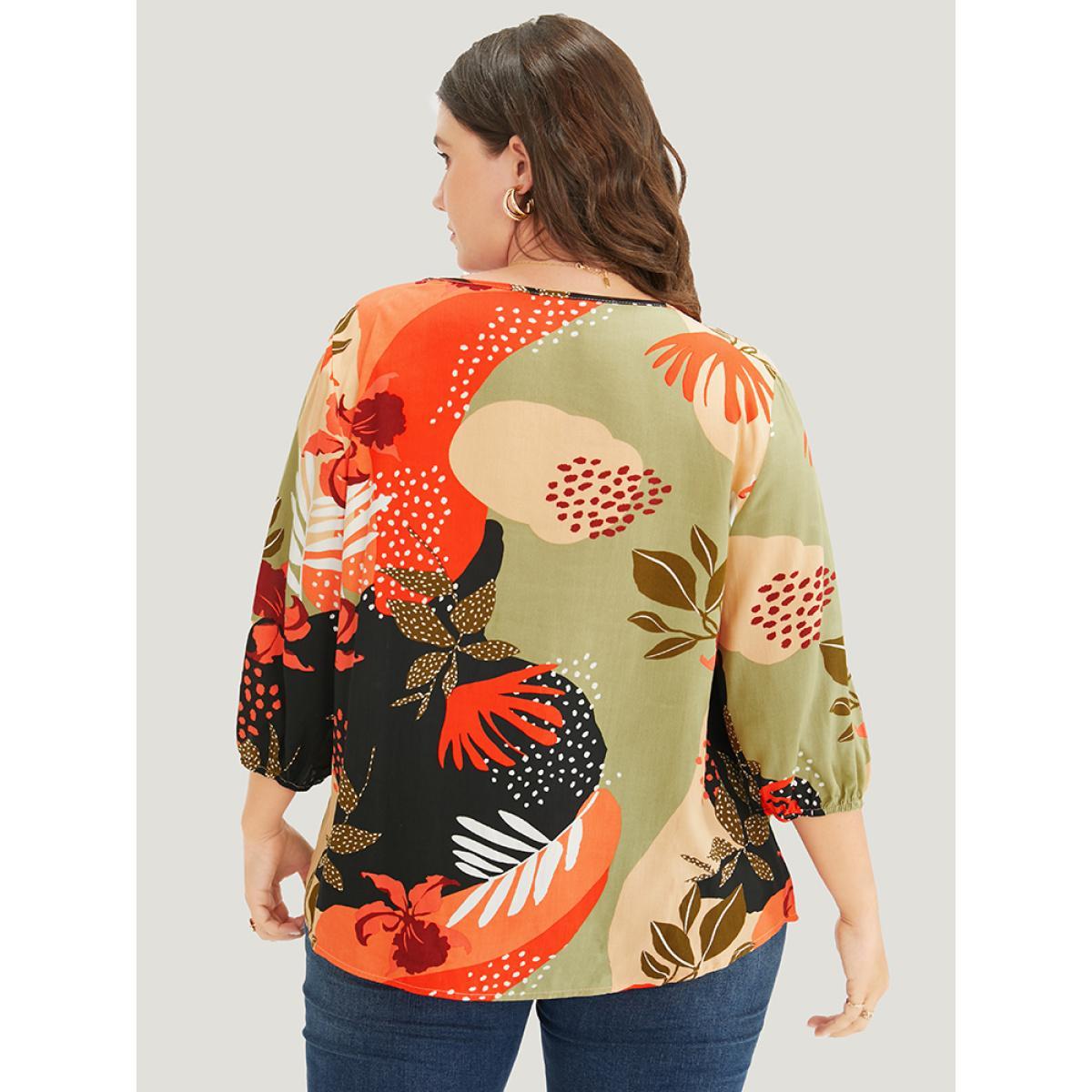 Plus Size BlackFlower Plant Print Lantern Sleeve V Neck Blouse Women Vacation Elbow-length sleeve V-neck Dailywear Blouses BloomChic 10/M Product Image