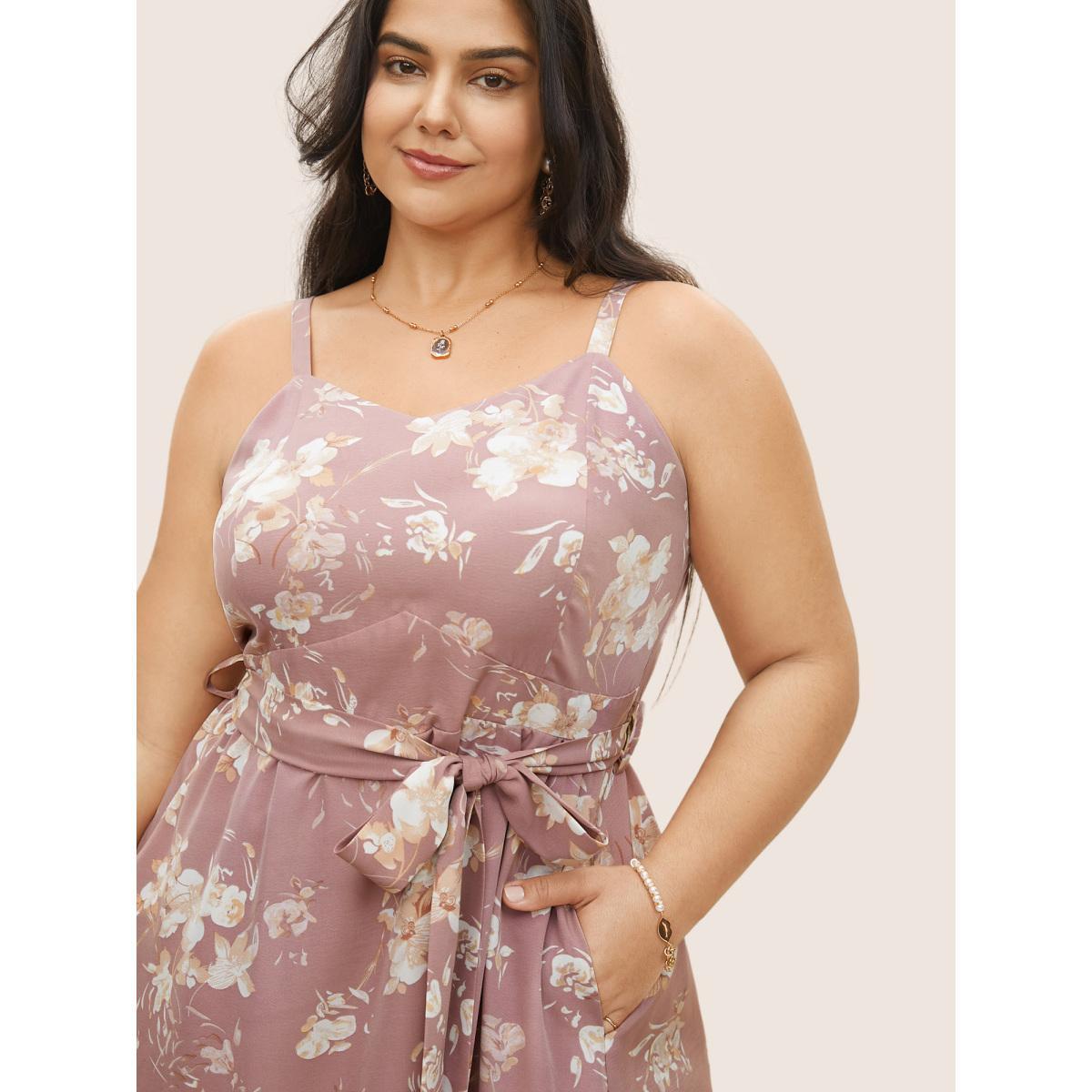Plus Size Floral Pocket Elastic Waist Adjustable Straps Dress DustyPink Women Elegant Non Non Sleeveless Curvy Midi Dress BloomChic 22-24/3X Product Image