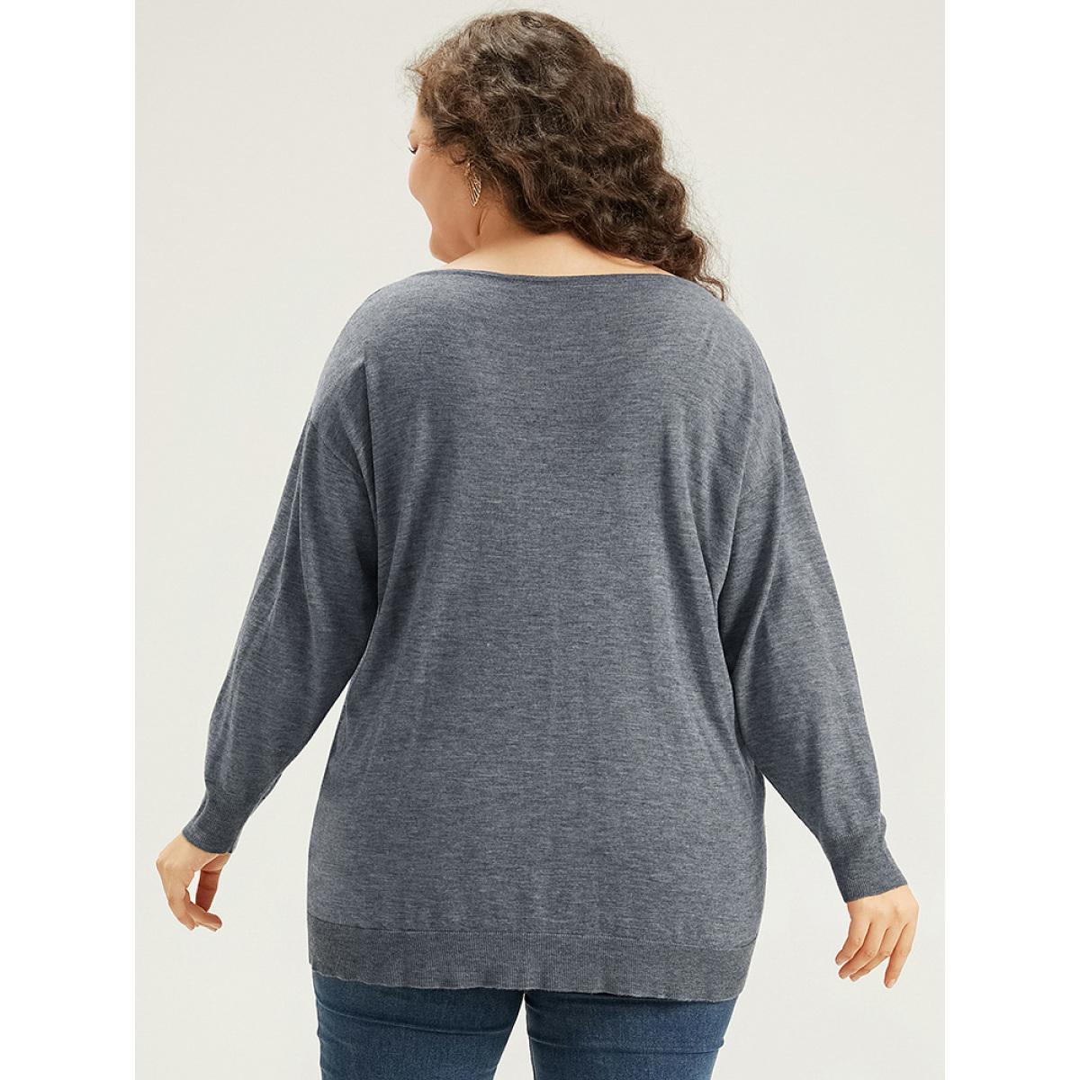 Plus Size Supersoft Essentials Heather Pearl Beaded V Neck Pullover SlateGray Women Casual Loose Long Sleeve V-neck Dailywear Pullovers BloomChic 28/5X Product Image