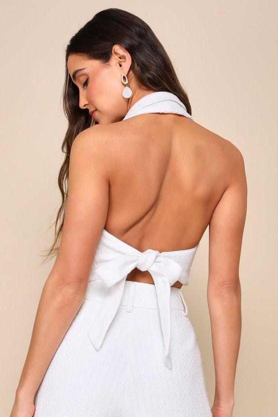 Looking Posh White Tweed Backless Cropped Halter Vest Top Product Image