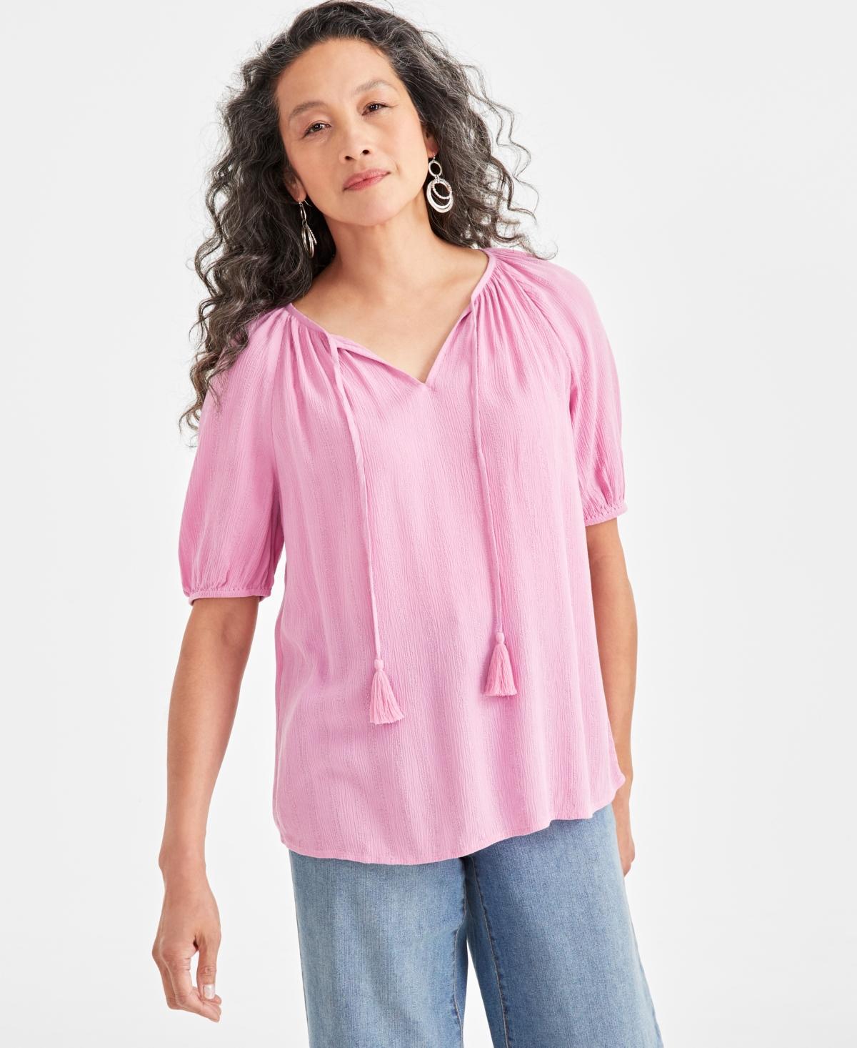 Style & Co Womens Split Neck Tassel Shine Top, Created for Macys Product Image