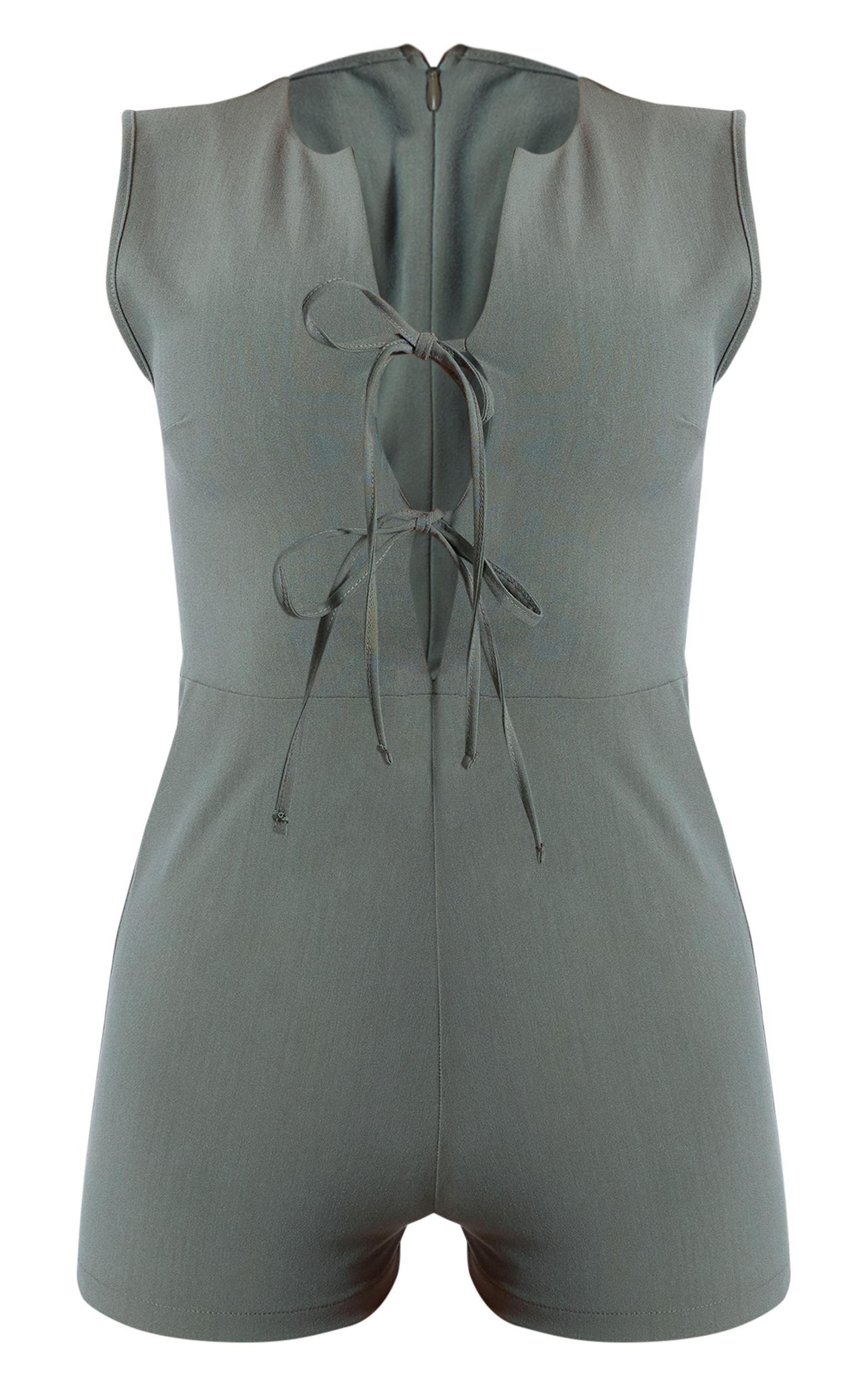 Khaki Woven Tie Front Tailored Romper Product Image