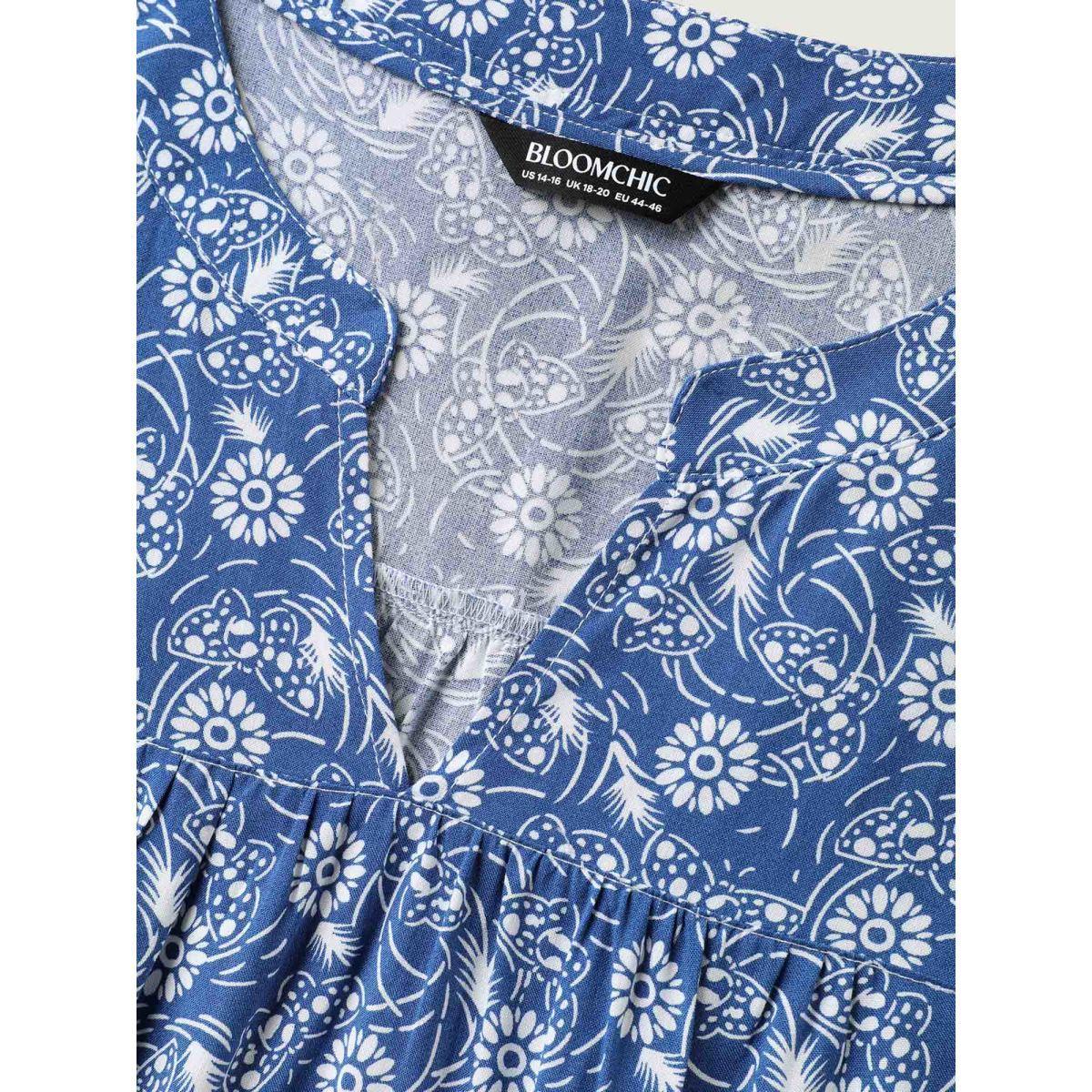 Plus Size Navy Floral Print Quarter Sleeve Blouse Women Elbow-length sleeve Notched collar Everyday-Casual Blouses BloomChic 28/5X Product Image