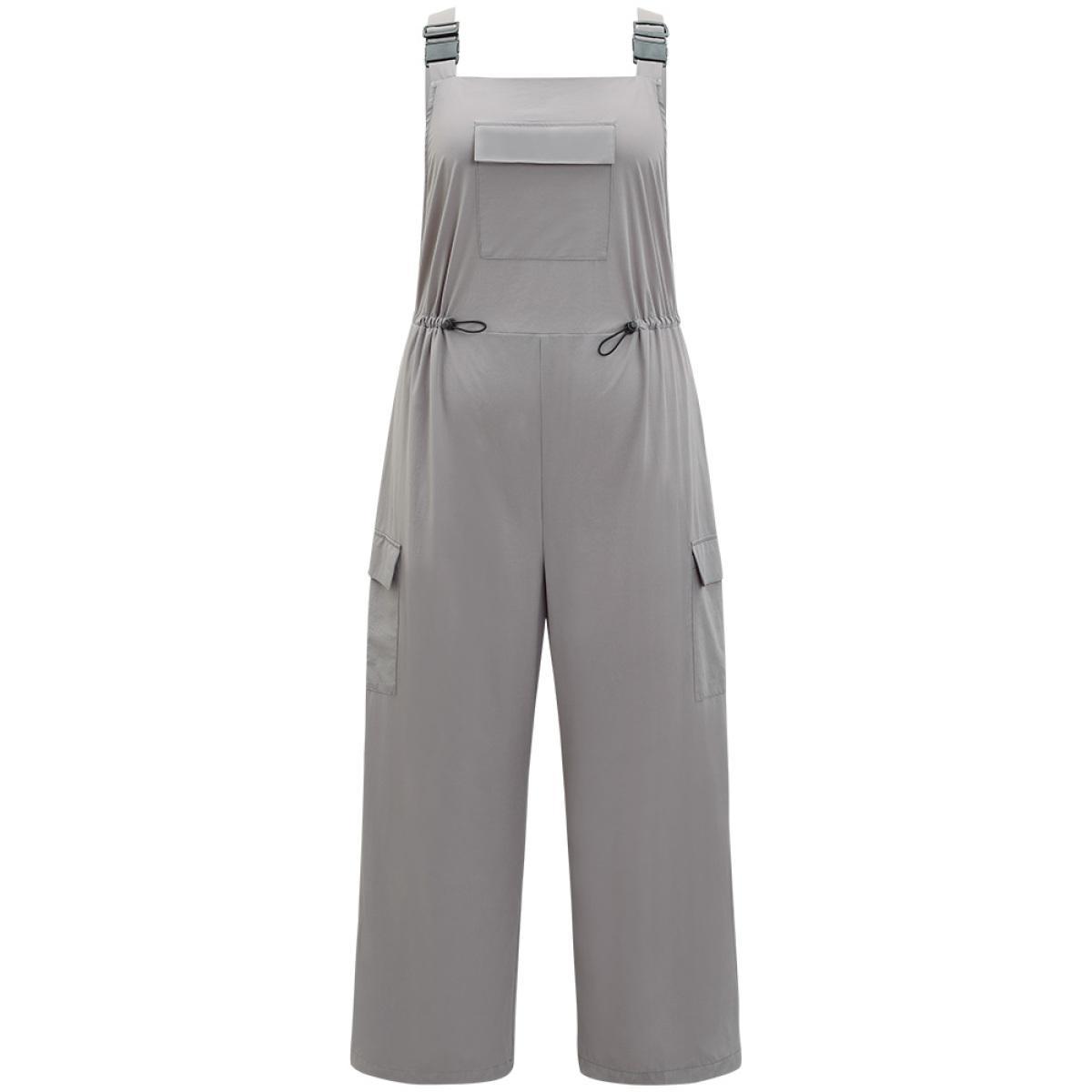 Plus Size Gray Solid Flap Pocket Drawstring Side Overall Jumpsuit Women Casual Sleeveless Spaghetti Strap Dailywear Loose Jumpsuits BloomChic 28/5X Product Image