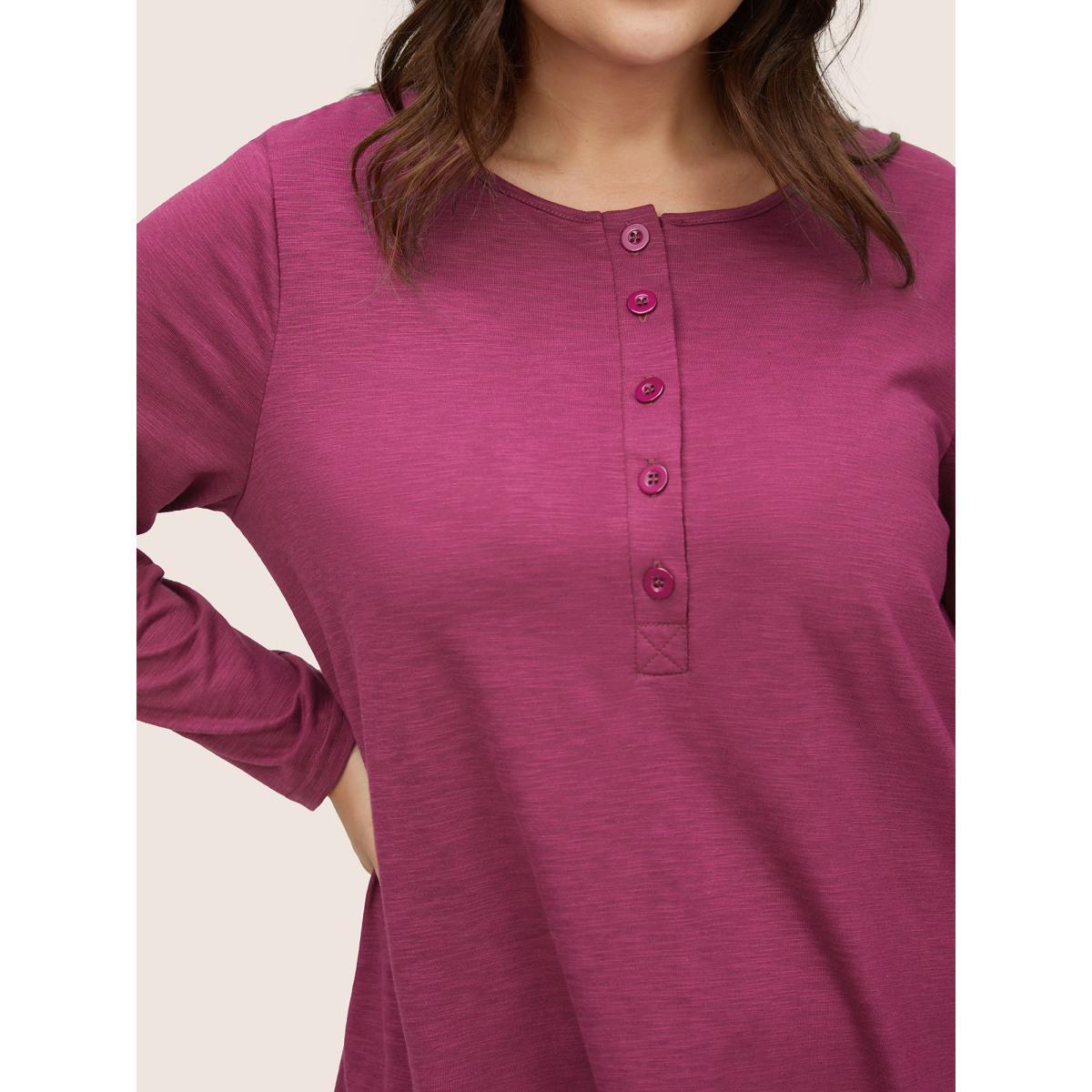 Plus Size Solid Heather Button Up T-shirt RedViolet Women Casual Non Plain Round Neck Everyday T-shirts BloomChic 12/L Product Image