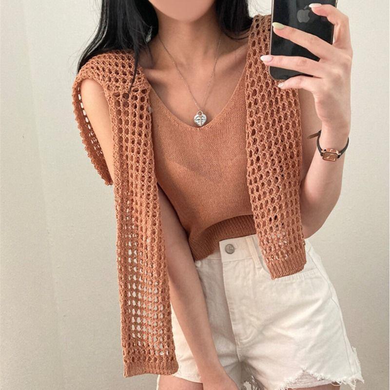 Set: Long-Sleeve Boat Neck Plain Perforated Crop Knit Top + V-Neck Tank Top Product Image