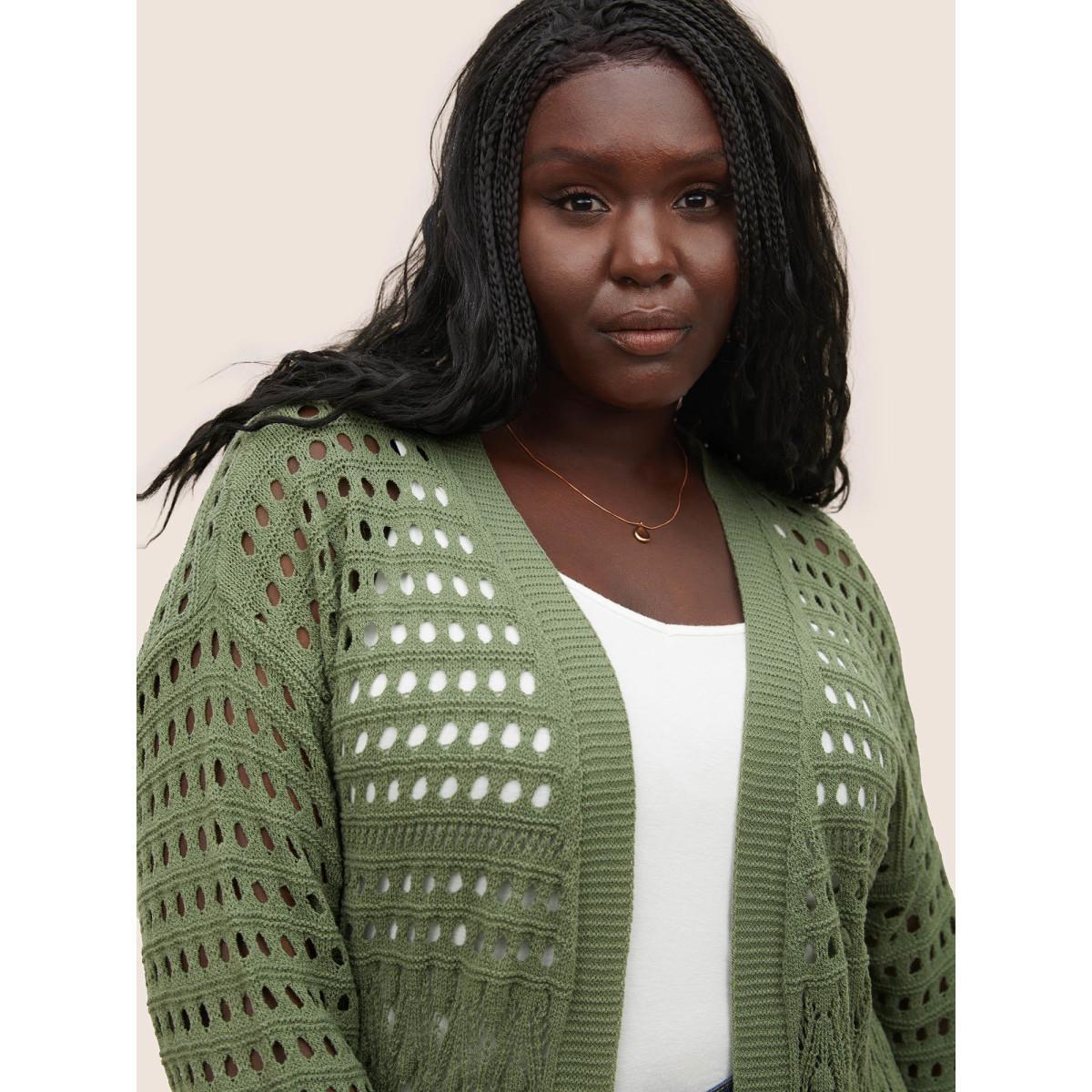 Plus Size Plain Texture Cut Out Open Front Cardigan Moss Women Everyday Casual Cover Ups Bloomchic 28/5X Product Image