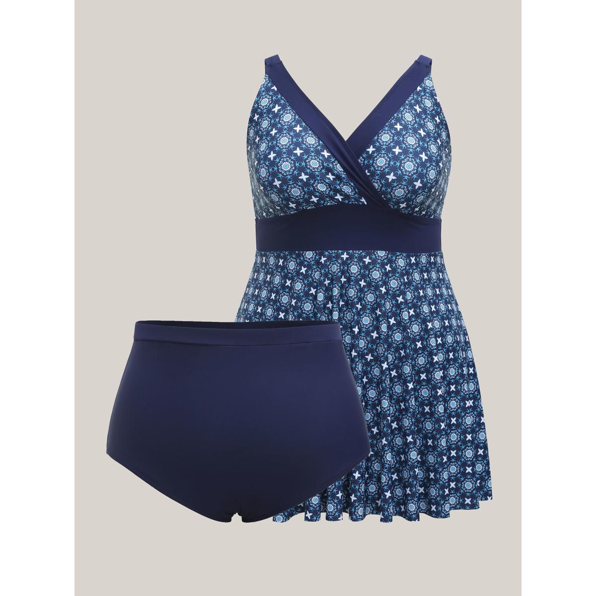 Plus Size Boho Print Spliced Surplice Neck Swim Dress Women's Swimwear Indigo Beach Bodycon Overlap Collar High stretch Curve Swim Dresses BloomChic 28/5X Product Image