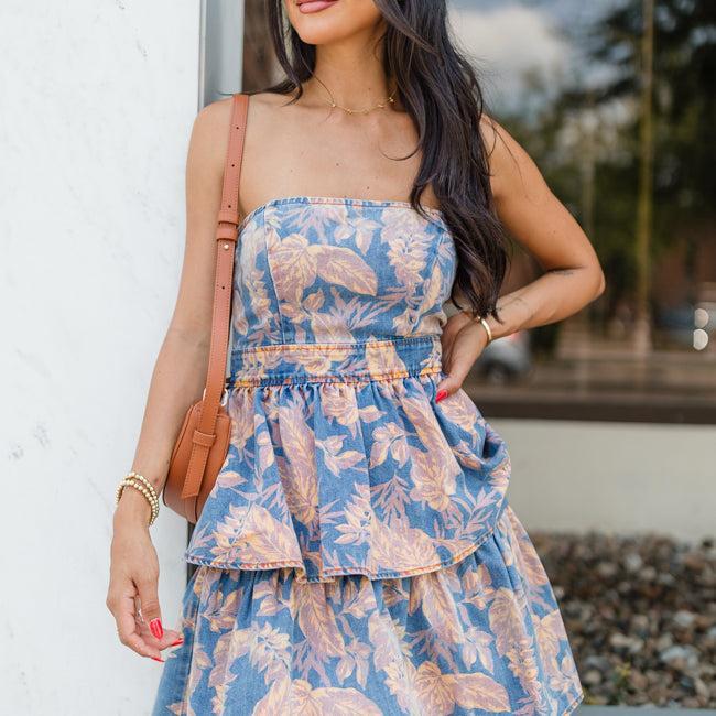 Next Chapter Medium Wash Printed Denim Strapless Dress FINAL SALE Product Image