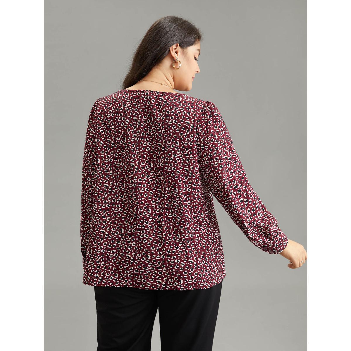 Plus Size Burgundy Allover Print V Neck Pleated Blouse Women Office Long Sleeve V-neck Work Blouses BloomChic 18-20/2X Product Image