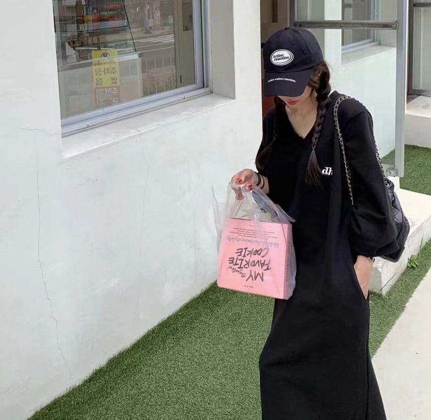 Long Sleeve V-Neck Lettering Print Losoe-Fit Maxi Sweatshirt Dress Product Image
