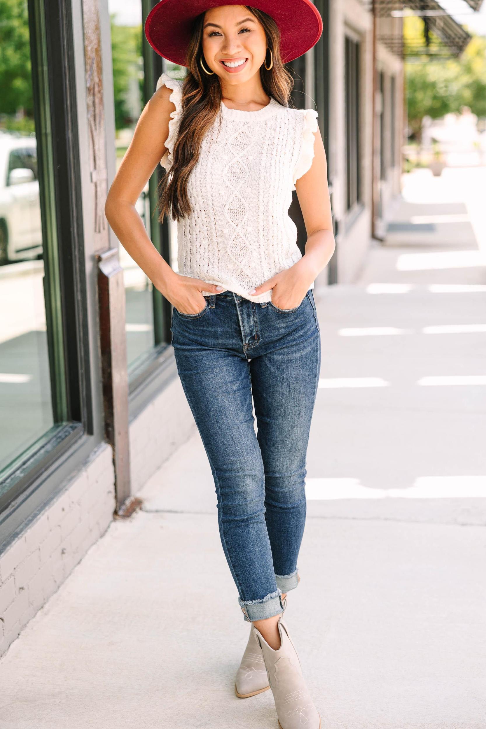 Your Way Oatmeal White Cable Knit Tank Female Product Image