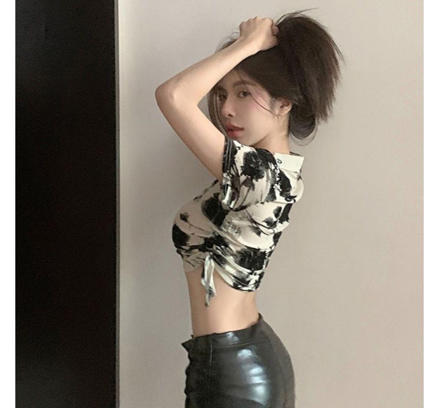 Short-Sleeve Mandarin Collar Drawstring Cropped T-Shirt Product Image