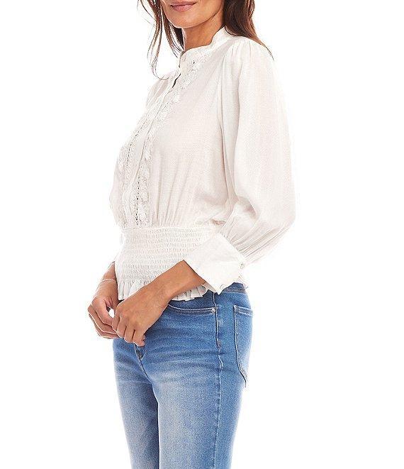 Karen Kane Banded Collar 3/4 Sleeve Embroidered Smocked Blouse Product Image