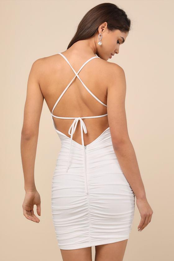 Confident Allure White Ruched Lace-Up Bodycon Mini Dress Product Image