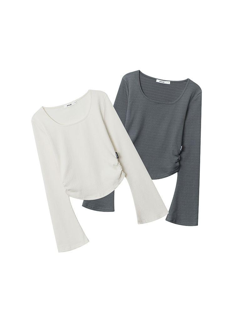 Bell Sleeve Plain Ruched Slim-Fit Top Product Image
