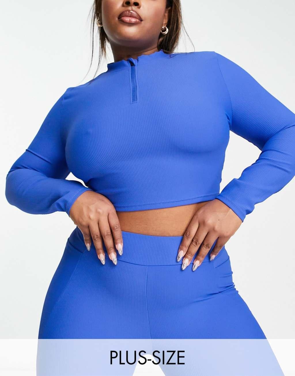 South Beach Plus ribbed 1/4 zip long sleeve top in colbalt blue Product Image