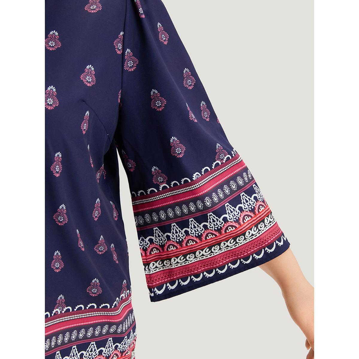 Plus Size Indigo Boho Print Tie Neck Tassel Trim Blouse Women Vacation Elbow-length sleeve V-neck Vacation Blouses BloomChic 18-20/2X Product Image