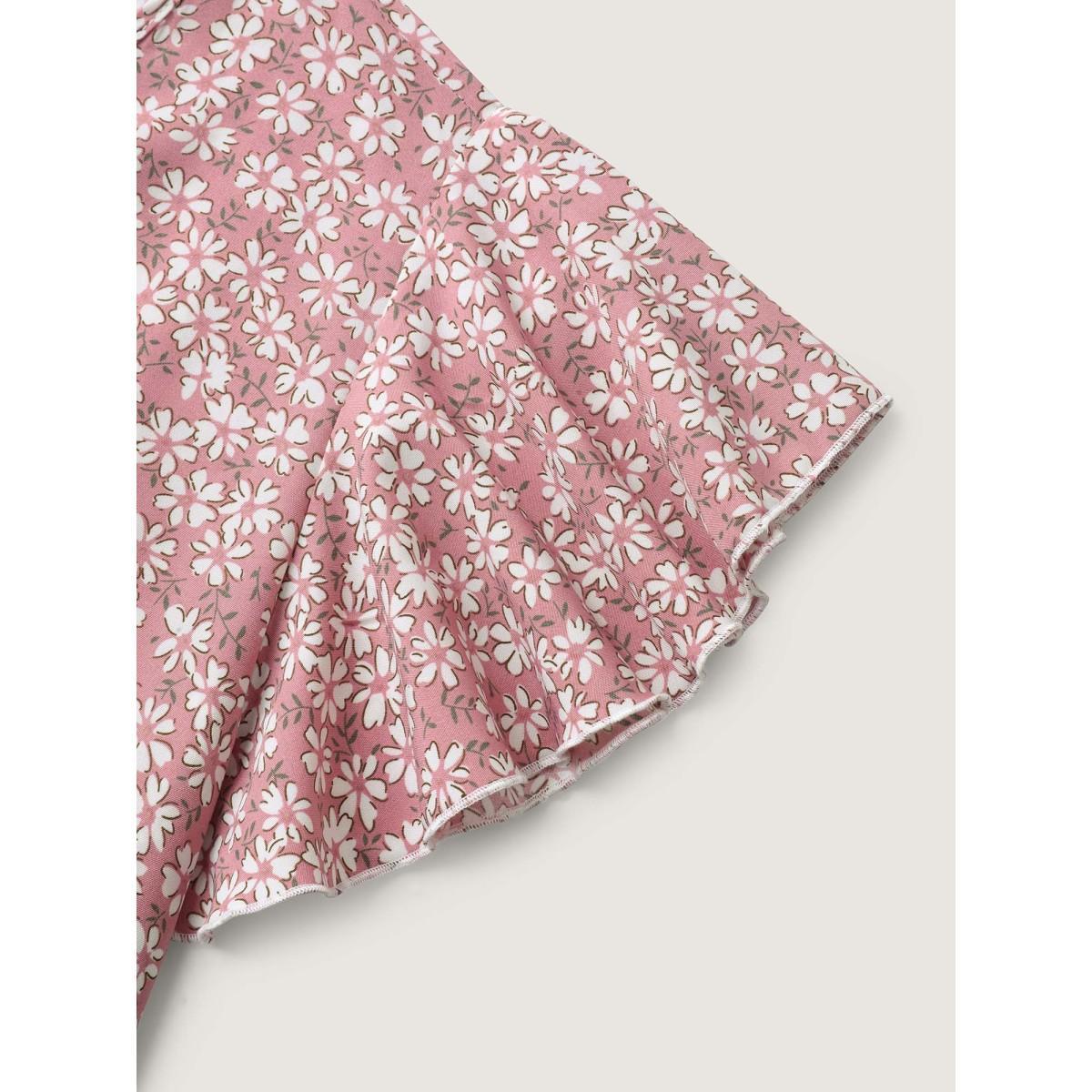 Plus Size Dirtypink Ribbon Neck Floral Print Ruffled Blouse Women Cap Sleeve Ribbon-tied collar Everyday-Elegant Blouses BloomChic 10/M Product Image