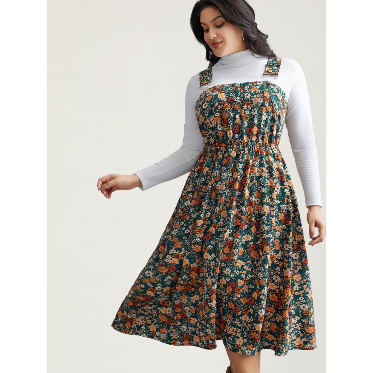 Plus Size Ditsy Floral Adjustable Straps Elastic Waist Dress Teal Women Casual Gathered Non Sleeveless Curvy BloomChic 12/L Product Image