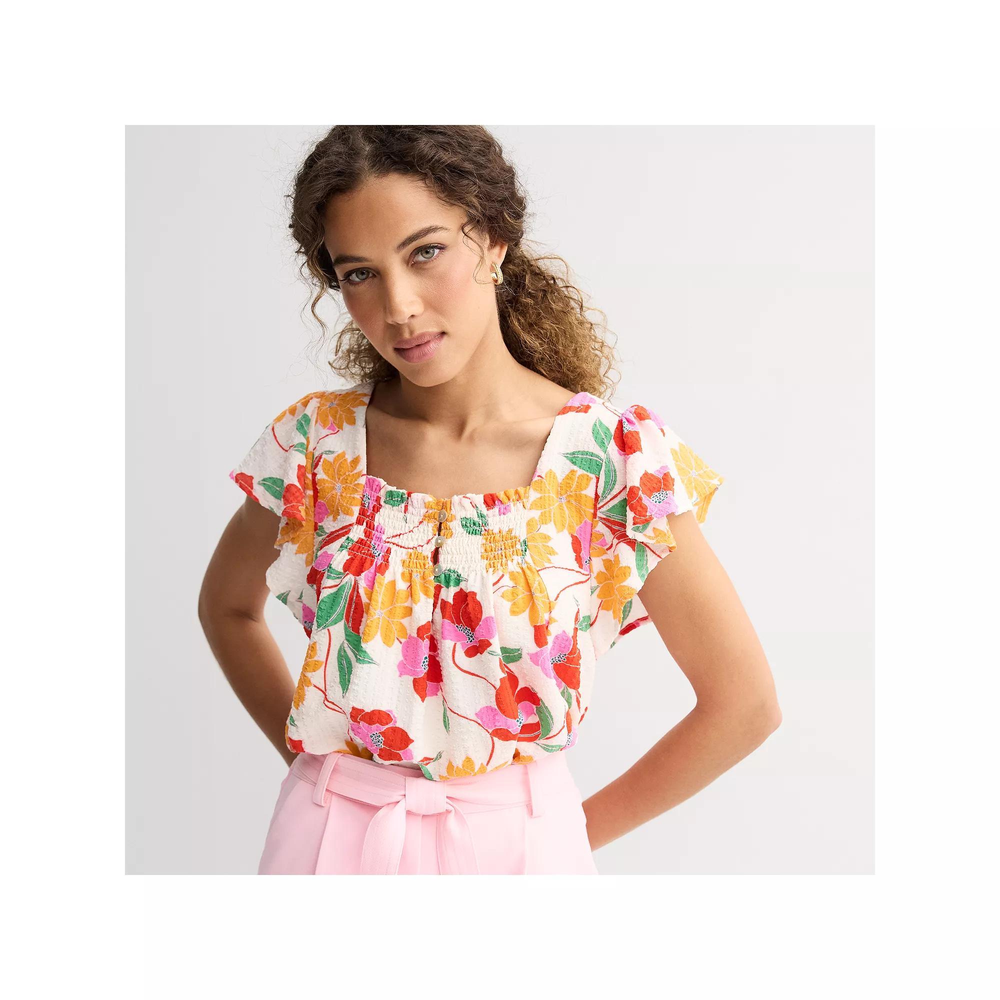 Women's Draper James Flutter Sleeve Smocked Top, Size: XL, Ivory Team Floral Product Image