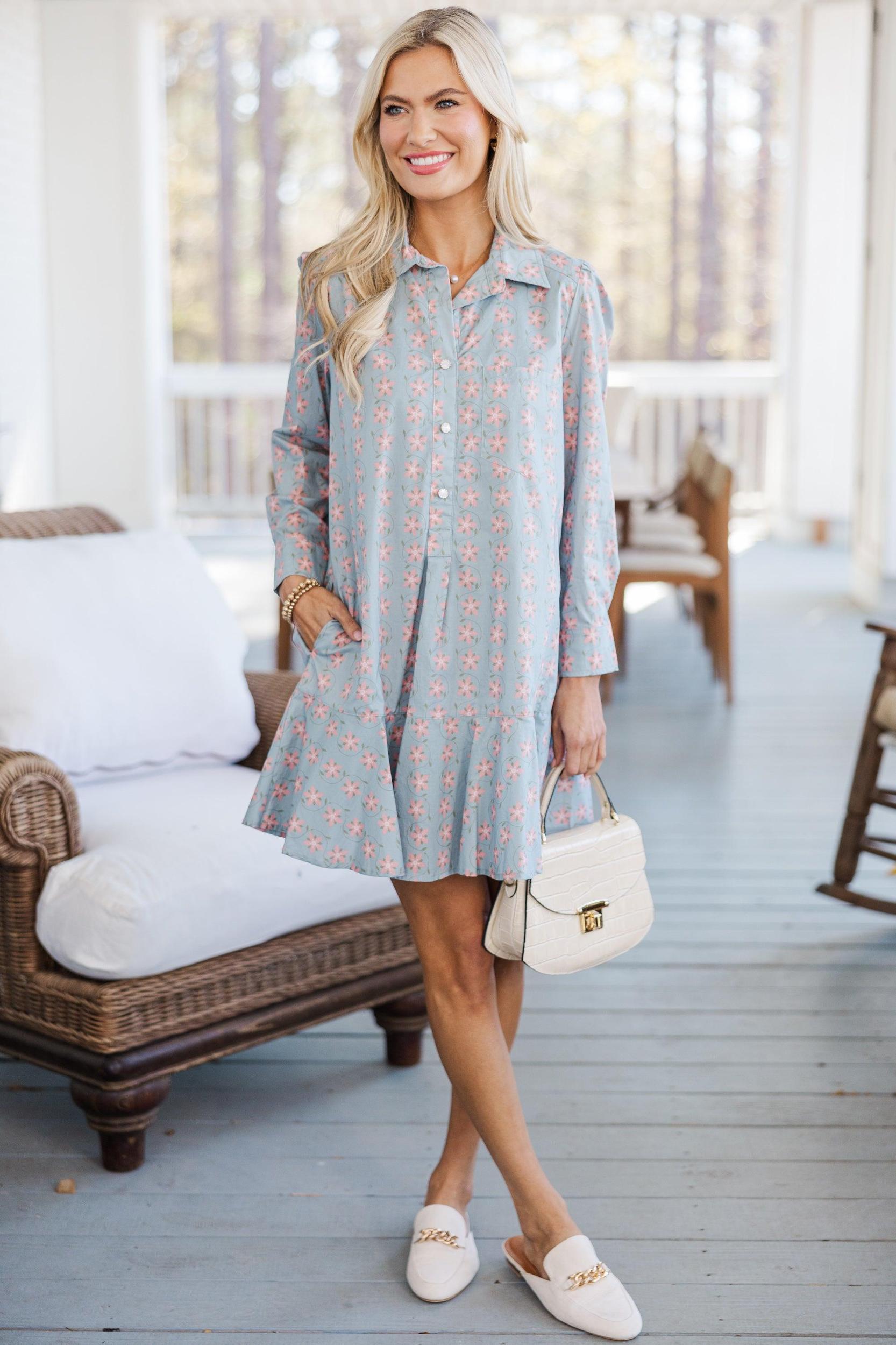 Share Your Story Light Blue Floral Shirt Dress Female Product Image