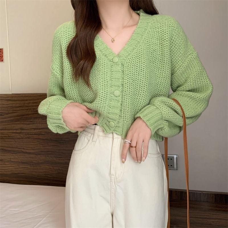 Puff-Sleeve V-Neck Plain Cropped Cardigan Product Image