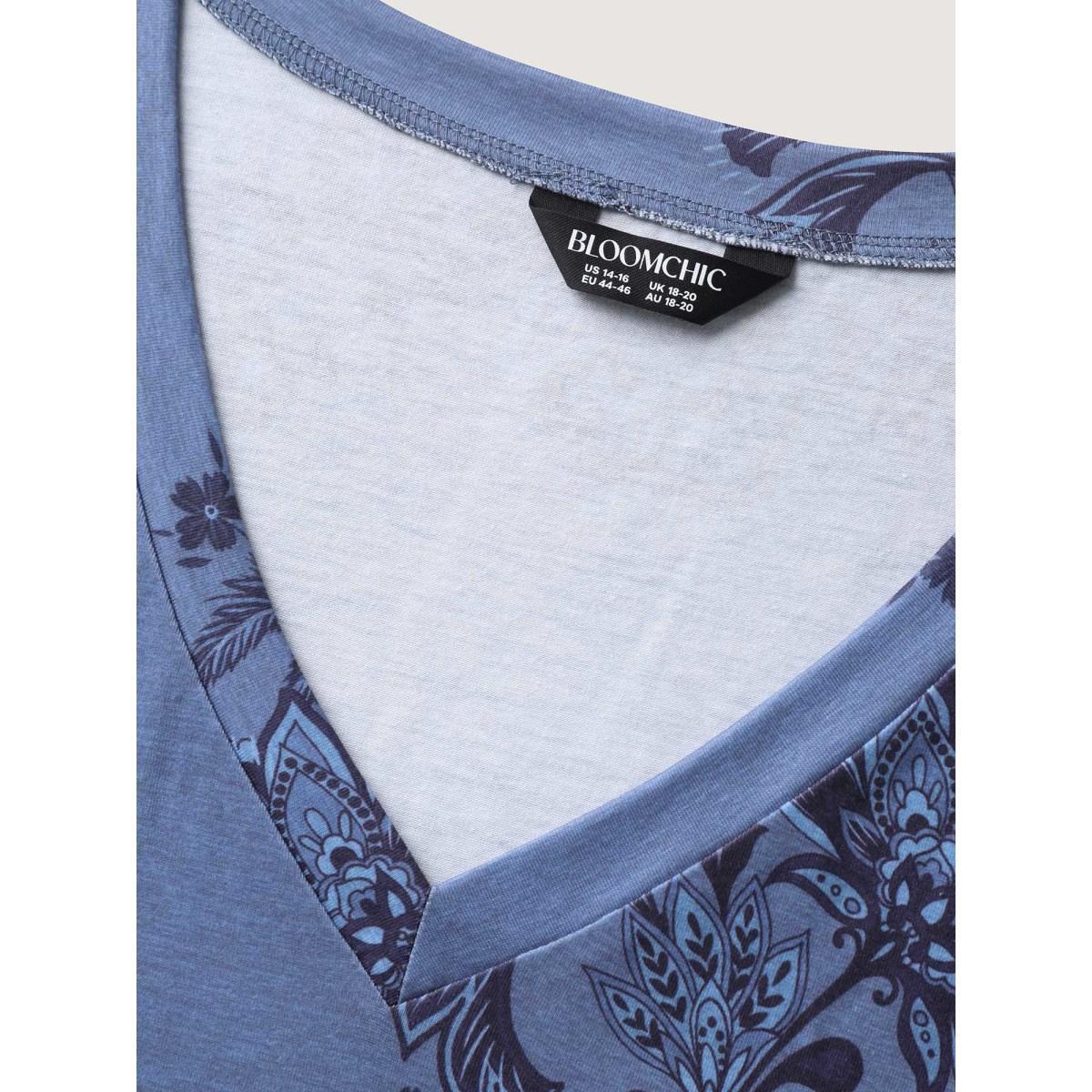 Plus Size Floral V-Neck Drapey T-Shirt Cerulean Women Non V-neck Everyday-Casual T-shirts BloomChic 28/5X Product Image