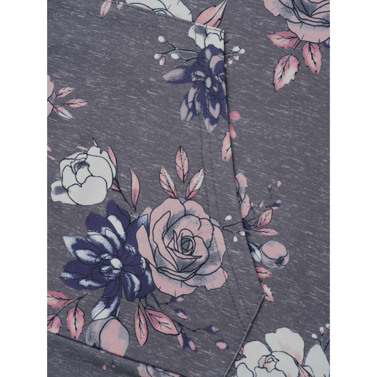 Plus Size Floral Print Zipper Front Hooded Sweatshirt Women DarkGray Casual Contrast Loose Hooded Everyday Sweatshirts BloomChic 14-16/1X Product Image