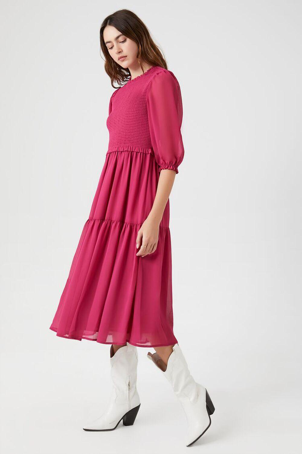 Smocked Chiffon Peasant-Sleeve Dress | Forever 21 Product Image