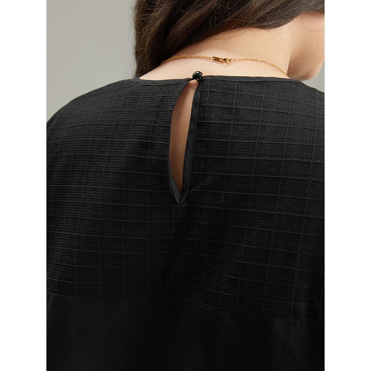 Plus Size Black Solid Keyhole Mesh Plicated Detail Blouse Women Glamour Long Sleeve Round Neck Going out Blouses BloomChic 14-16/1X Product Image